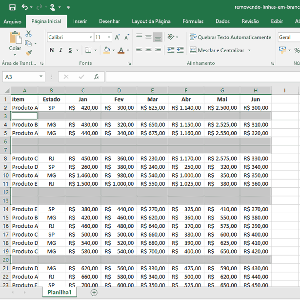 Removendo linhas em branco no Excel Removendo linhas em branco no Excel