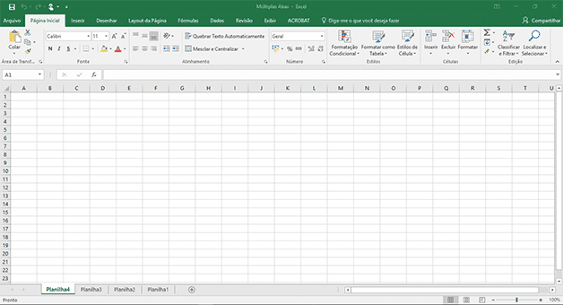 Área de Trabalho do Excel com 04 abas