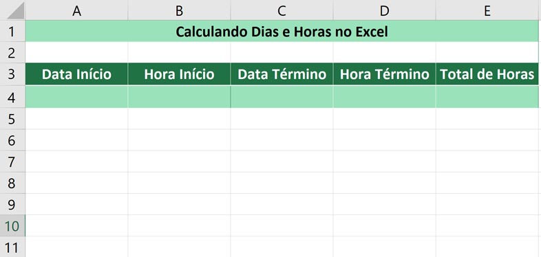 Calculando dias e horas no Excel - Criando a planilha