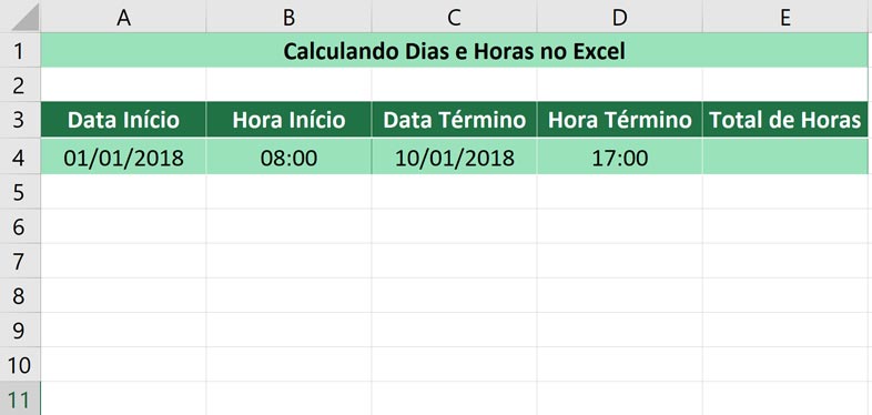 Calculando dias e horas no Excel - Inserindo as informações