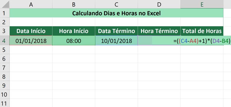 Calculando dias e horas no Excel - Calculando as horas
