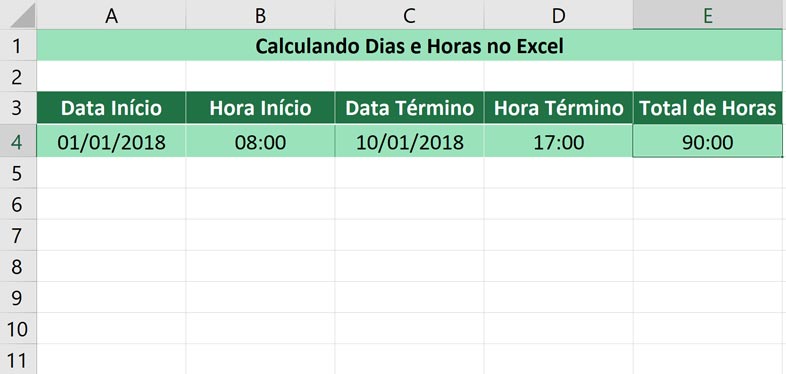 Calculando dias e horas no Excel - Resultado final